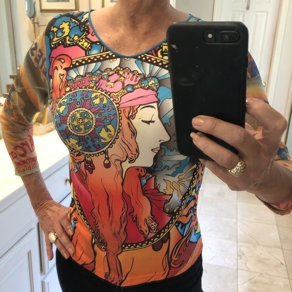 Colorful sleek front, lace back, sheer sleeve SzM - Picture 2 of 11